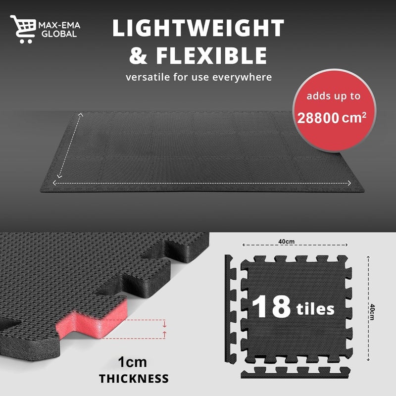 MAX-EMA GLOBAL Interlocking Foam Floor Tiles Black 40x40x1cm Pack of 18 For Home Gym, Exercise Floor Mat, Workout Equipment, Play Area Soft Foam Mat And House Gym Flooring Water Resistant - Image 2