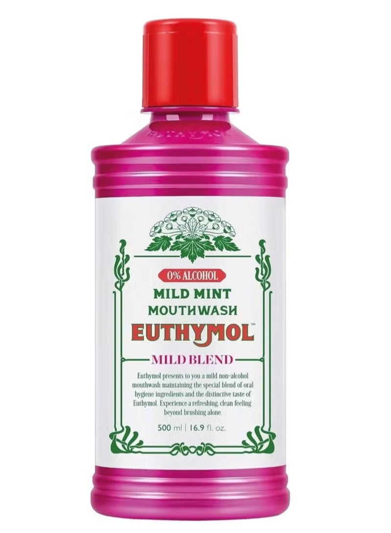 Euthymol Mouthwash Mild Mint 500ml, Contains Fluoride Alcohol-Free, Distinctive Strong Taste Flavour, Reduce Plaque Gingival Clean Healthy Teeth Gums, Freshens Breath Refreshing Daily Oral Dental Care - Image 1