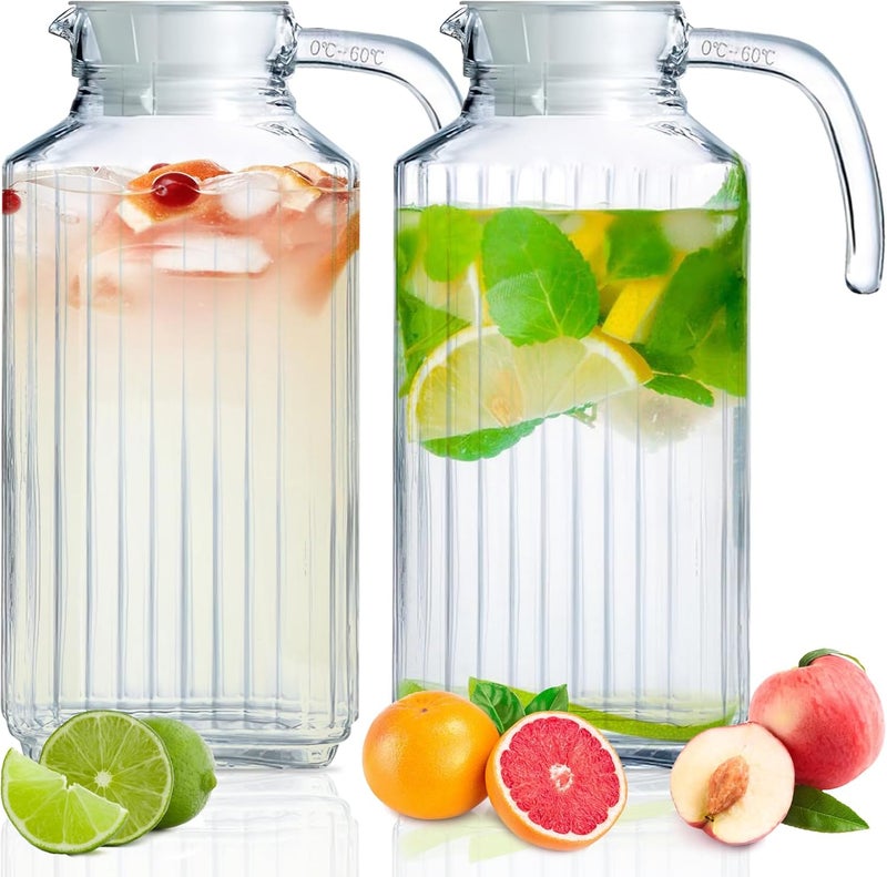 SNANA AiHeart 63oz Ribbed Fridge Pitcher with Lid and Spout,2pcs Glass Pitcher with Handle, Large Capacity Beverage Container Pitcher, Glass Jug for Coffee, Milk, Juice - Image 1