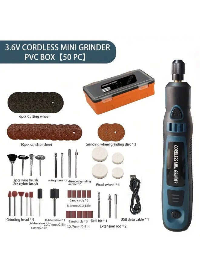 مجموعة أدوات نقش وتلميع لاسلكية مع 50 ملحقًا، قلم طحن قابل لإعادة الشحن عبر USB، مدمج وسهل الحمل، مناسب للنقش والتلميع والقطع والحفر، مع صندوق تخزين PVC - Image 1