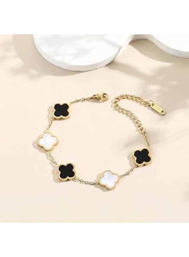 Luxuria Lucky bracelet with a black and white clover design, 18k gold-plated stainless steel, for women; trendy four-leaf flower bracelet. - Image 1