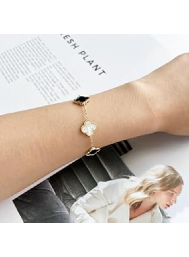 Luxuria Lucky bracelet with a black and white clover design, 18k gold-plated stainless steel, for women; trendy four-leaf flower bracelet. - Image 3