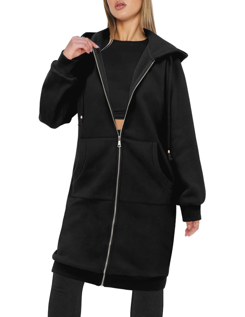 Zeagoo Women's Longline Hooded Sweatshirt / Hoodie Tunic With Fleece,Black,X-Large - Image 3