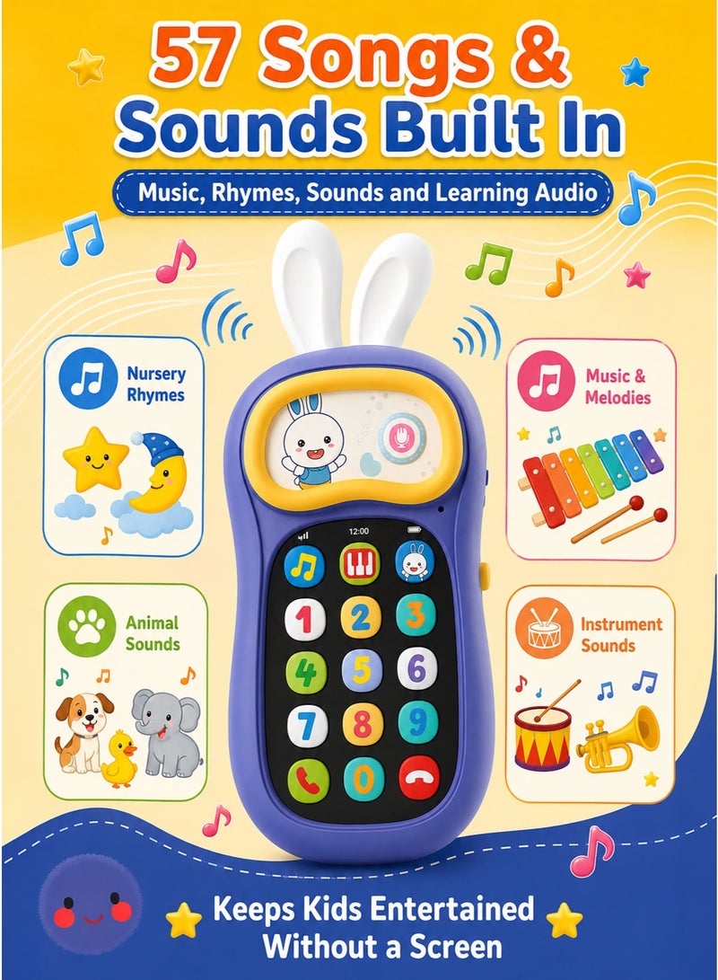 alilo My First Mobile Phone Musical Learning Toy For Kids And Toddlers Interactive Pretend Play Phone With Voice Changer 57 Songs And Sounds 4 Voice Effects 17 Buttons 30 Second Recording Soft Silicone Bunny Ears Type C Rechargeable Screen Free Travel Toy Purple Yellow - Image 3