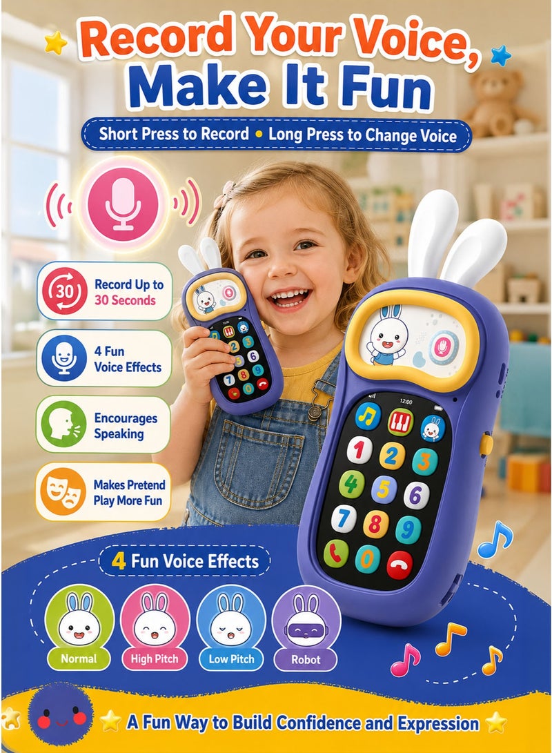 alilo My First Mobile Phone Musical Learning Toy For Kids And Toddlers Interactive Pretend Play Phone With Voice Changer 57 Songs And Sounds 4 Voice Effects 17 Buttons 30 Second Recording Soft Silicone Bunny Ears Type C Rechargeable Screen Free Travel Toy Purple Yellow - Image 4