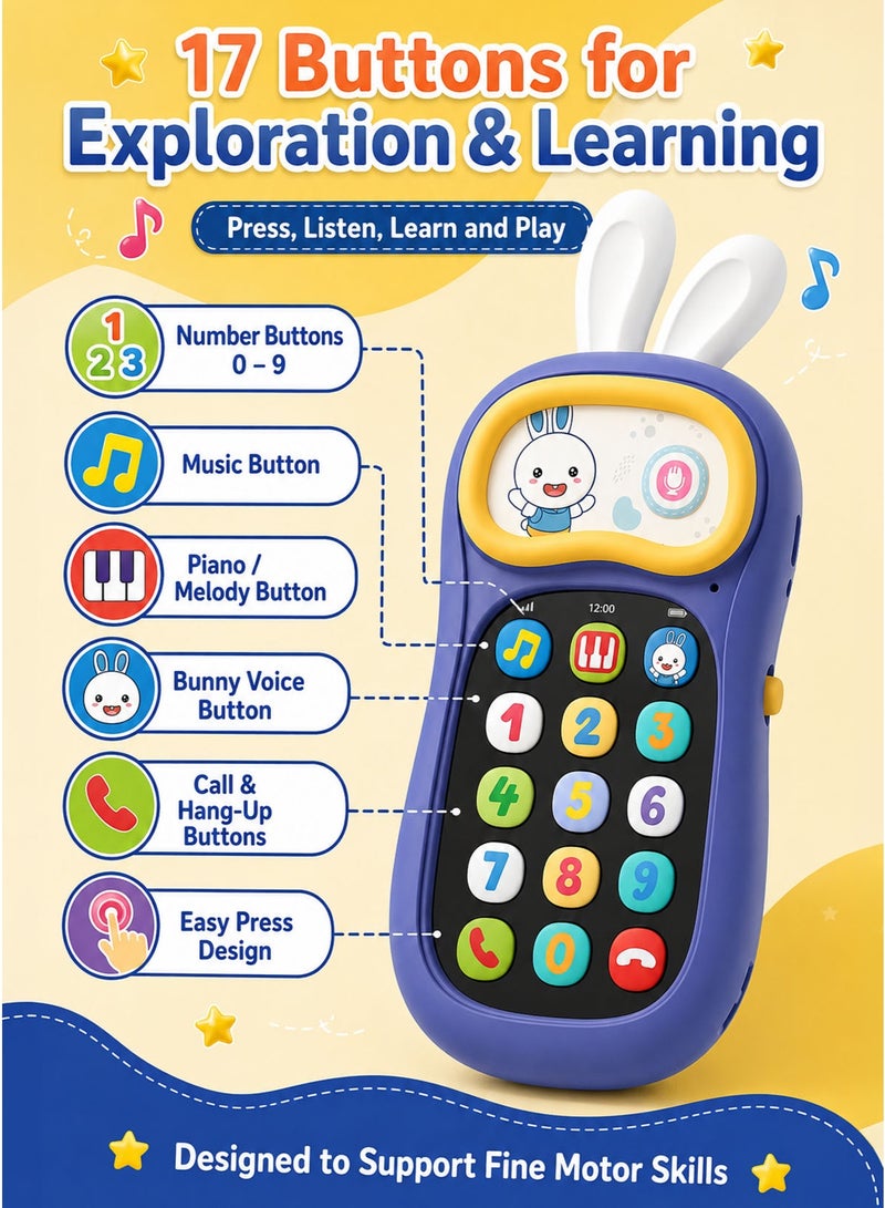 alilo My First Mobile Phone Musical Learning Toy For Kids And Toddlers Interactive Pretend Play Phone With Voice Changer 57 Songs And Sounds 4 Voice Effects 17 Buttons 30 Second Recording Soft Silicone Bunny Ears Type C Rechargeable Screen Free Travel Toy Purple Yellow - Image 2