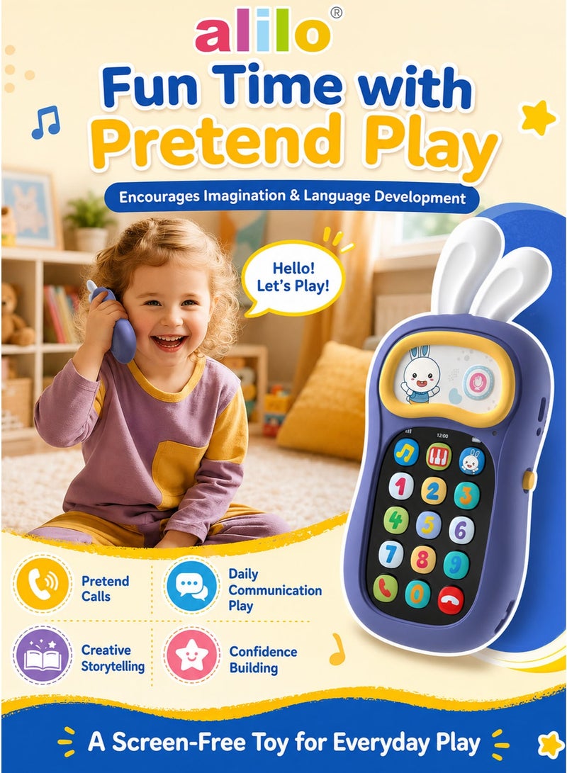 alilo My First Mobile Phone Musical Learning Toy For Kids And Toddlers Interactive Pretend Play Phone With Voice Changer 57 Songs And Sounds 4 Voice Effects 17 Buttons 30 Second Recording Soft Silicone Bunny Ears Type C Rechargeable Screen Free Travel Toy Purple Yellow - Image 5