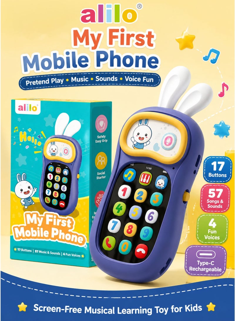 alilo My First Mobile Phone Musical Learning Toy For Kids And Toddlers Interactive Pretend Play Phone With Voice Changer 57 Songs And Sounds 4 Voice Effects 17 Buttons 30 Second Recording Soft Silicone Bunny Ears Type C Rechargeable Screen Free Travel Toy Purple Yellow - Image 1