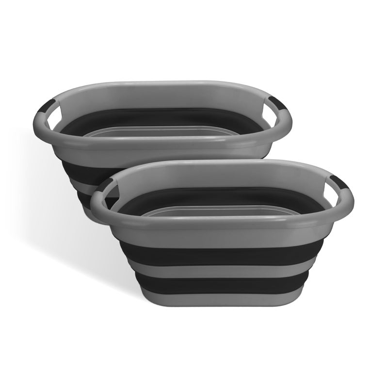 BROOKSTONE Collapsible Laundry Basket Set, Modern Medium Collapsible Basket Set, Comfort Non-Slip Grip Handles, Minimalist Space Saving Design, Portable Pop-Up Hamper, BPA FREE, Dark Grey, 2 PACK - Image 1
