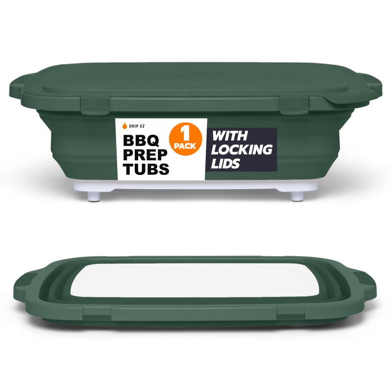 Drip EZ Collapsible BBQ Prep Tub - for Meal Prep Marinating Food Storage - Includes Cutting Board & Locking Lid - (1) XL - Green - Image 1