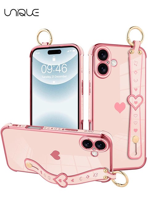Compatible with iPhone 16 Case, Adjustable Wrist Strap Kickstand, Cute Heart Luxury Gold Plating Bumper, Women Girl Men Protective Case Cover, Pink