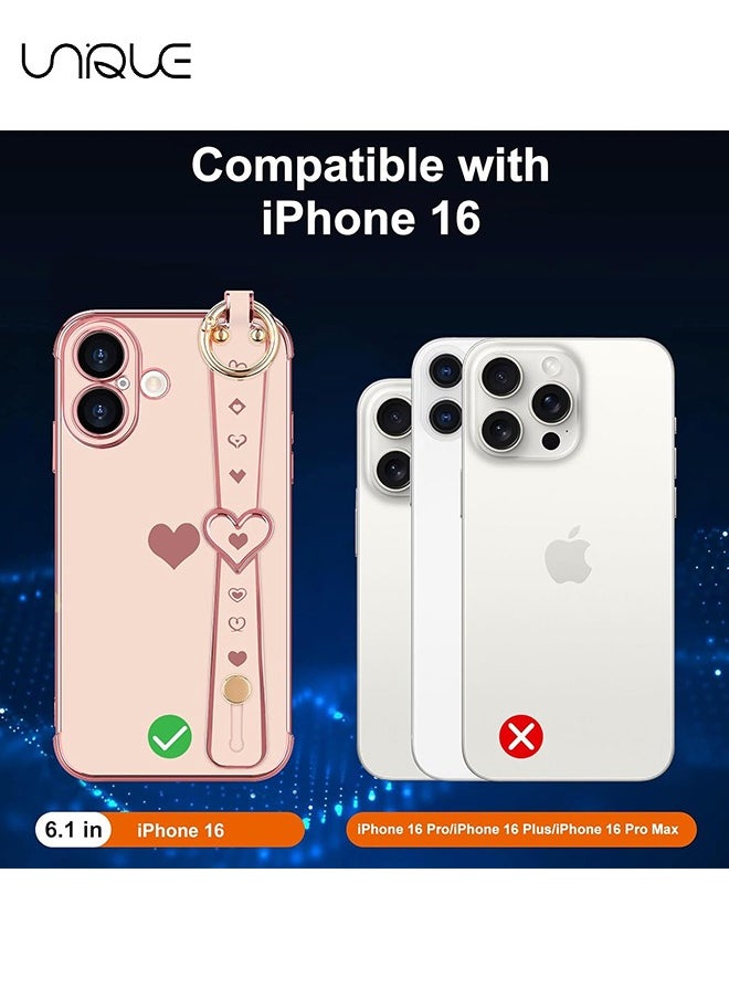 Compatible with iPhone 16 Case, Adjustable Wrist Strap Kickstand, Cute Heart Luxury Gold Plating Bumper, Women Girl Men Protective Case Cover, Pink