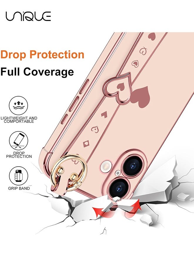 Compatible with iPhone 16 Case, Adjustable Wrist Strap Kickstand, Cute Heart Luxury Gold Plating Bumper, Women Girl Men Protective Case Cover, Pink