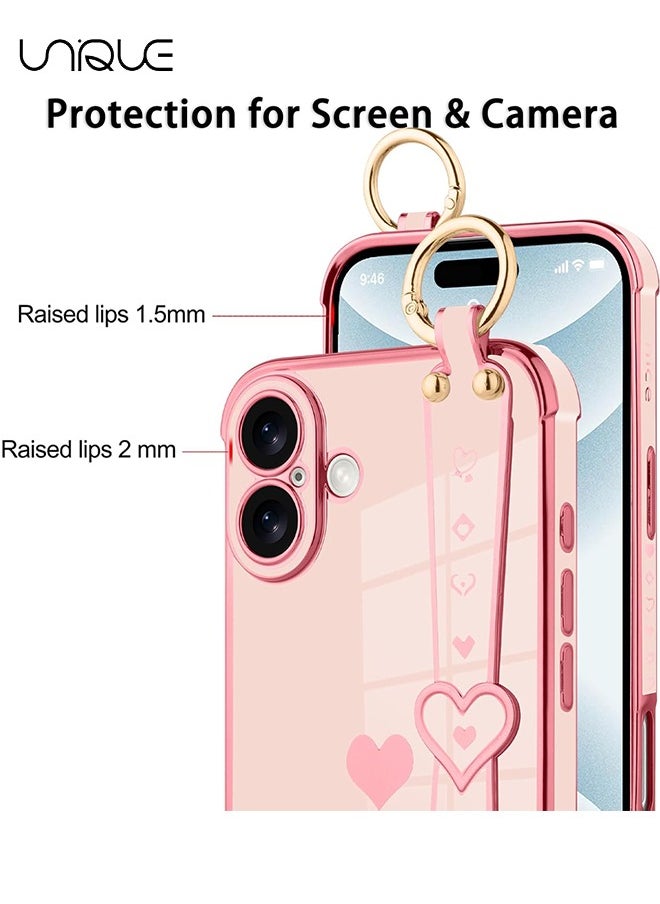 Compatible with iPhone 16 Case, Adjustable Wrist Strap Kickstand, Cute Heart Luxury Gold Plating Bumper, Women Girl Men Protective Case Cover, Pink