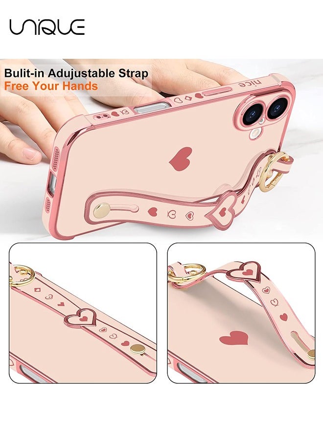 Compatible with iPhone 16 Case, Adjustable Wrist Strap Kickstand, Cute Heart Luxury Gold Plating Bumper, Women Girl Men Protective Case Cover, Pink