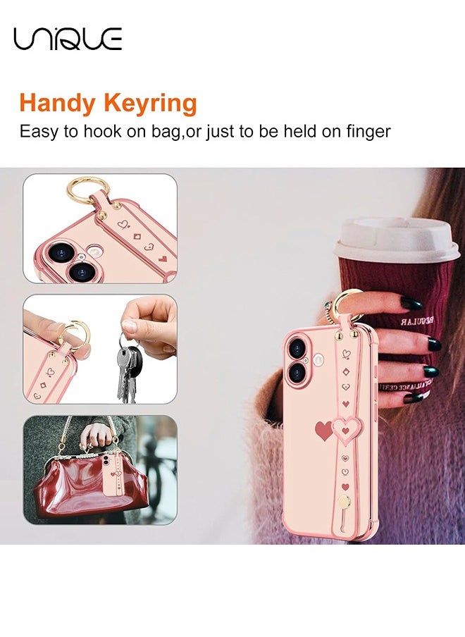 Compatible with iPhone 16 Case, Adjustable Wrist Strap Kickstand, Cute Heart Luxury Gold Plating Bumper, Women Girl Men Protective Case Cover, Pink