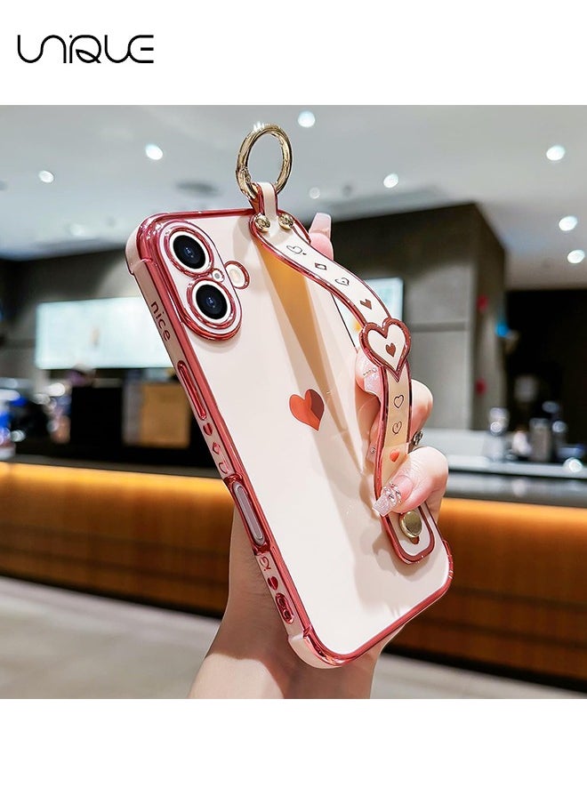 Compatible with iPhone 16 Case, Adjustable Wrist Strap Kickstand, Cute Heart Luxury Gold Plating Bumper, Women Girl Men Protective Case Cover, Pink
