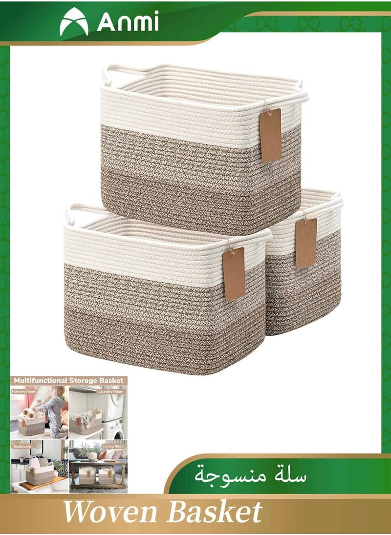 Anmi 3 Pack Woven Basket, Storage Baskets for Shelves, Small Laundry Basket , Toy Baskets Storage Kids, Towel Baskets for Bedroom, Living Room, 33 x 25 x 23 cm, White & Brown  - Image 1