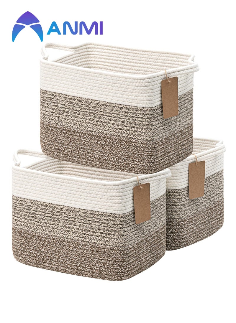 Anmi - 3 Pack Woven Basket, Storage Baskets for Shelves, Small Laundry Basket , Toy Baskets Storage Kids, Towel Baskets for Bedroom, Living Room, 13 x 10 x 9 Inches, White & Brown - Image 1