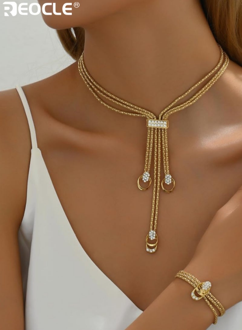 REOCLE Women's Bracelet Multi Strand Chain Layered with Crystal Encrusted Interlocking Ring Accents & Adjustable Closure Luxurious Statement Bracelet for Formal and Casual Occasions - Image 2