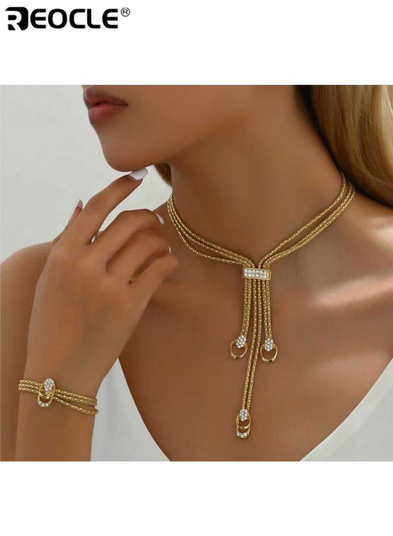 REOCLE Women's Bracelet Multi Strand Chain Layered with Crystal Encrusted Interlocking Ring Accents & Adjustable Closure Luxurious Statement Bracelet for Formal and Casual Occasions - Image 3