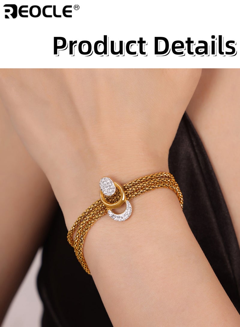 REOCLE Women's Bracelet Multi Strand Chain Layered with Crystal Encrusted Interlocking Ring Accents & Adjustable Closure Luxurious Statement Bracelet for Formal and Casual Occasions - Image 4