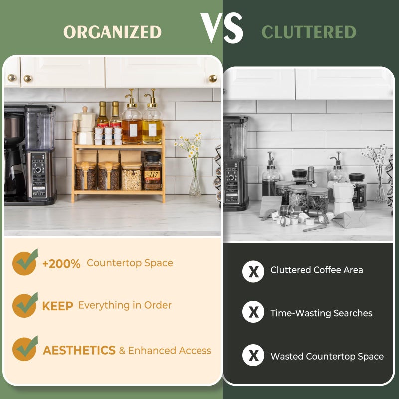 ANBOXIT Bamboo Matcha Station Organizer, Countertop 2 Tier Desktop Shelf for Mugs, Cups, and Condiments - Ideal for Matcha & Coffee Accessories in Kitchen, Home, Office - Image 5