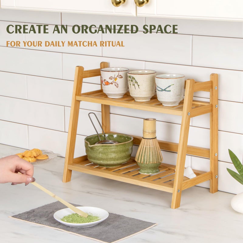 ANBOXIT Bamboo Matcha Station Organizer, Countertop 2 Tier Desktop Shelf for Mugs, Cups, and Condiments - Ideal for Matcha & Coffee Accessories in Kitchen, Home, Office - Image 2