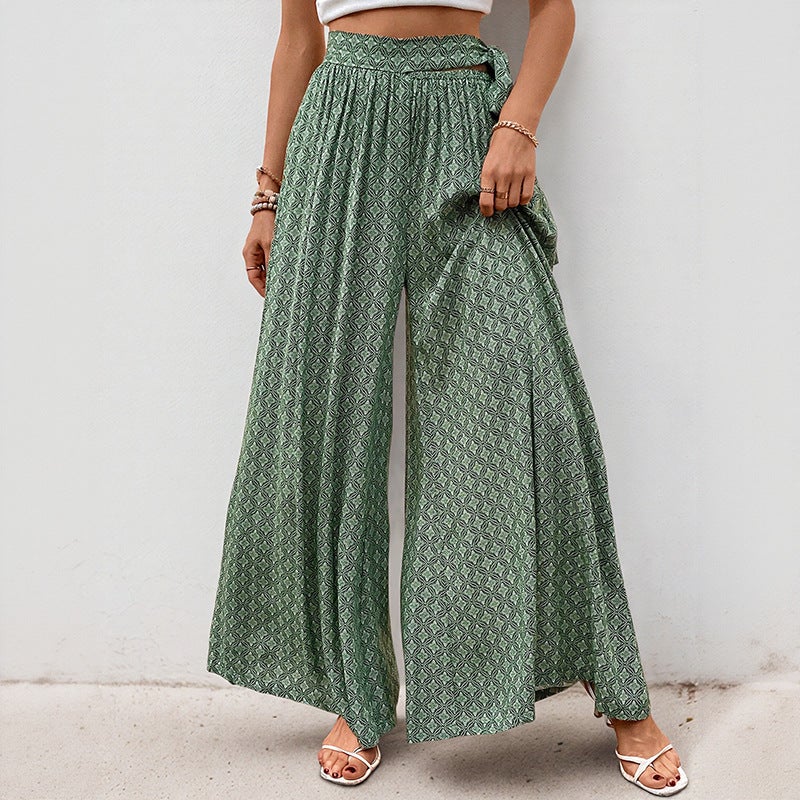 Summer New Loose Wide-Leg Pants,Popular in and America,Seaside Tie-Up High-Waisted Casual Vacation Printed Long Pants