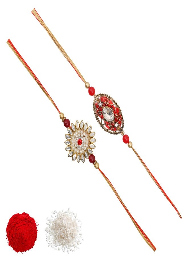 Vientiq Men's Rakhi Set of 2 Combo Kundan & Red Stone Rakhi with Roli & Chawal Rakshabandhan for Brother - Image 1