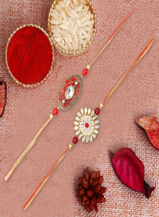 Vientiq Men's Rakhi Set of 2 Combo Kundan & Red Stone Rakhi with Roli & Chawal Rakshabandhan for Brother - Image 2