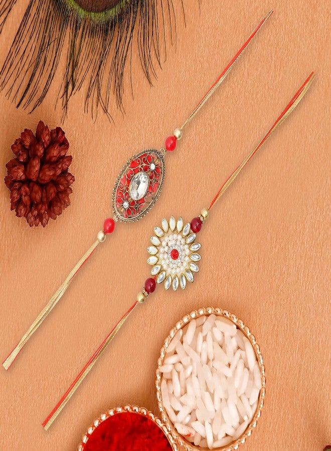Vientiq Men's Rakhi Set of 2 Combo Kundan & Red Stone Rakhi with Roli & Chawal Rakshabandhan for Brother - Image 3