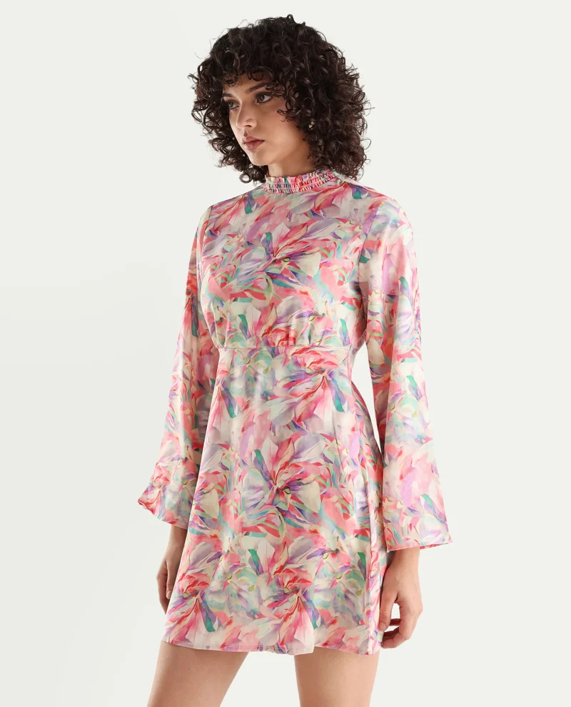Rareism Women's Satin Bell Sleeves Printed Top