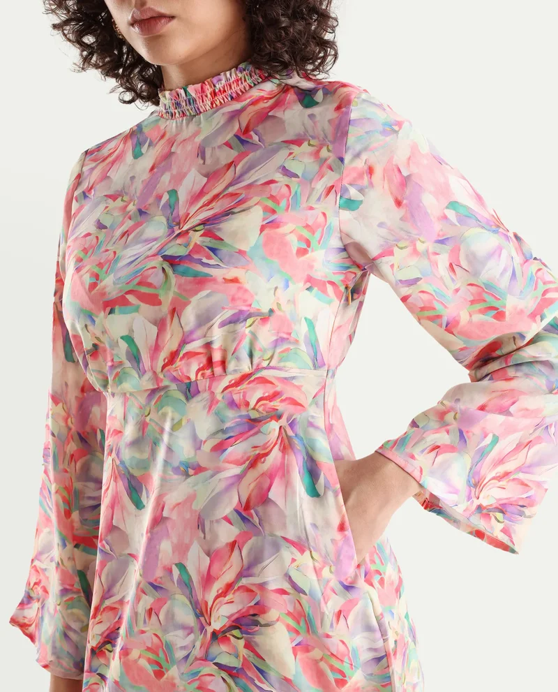 Rareism Women's Satin Bell Sleeves Printed Top