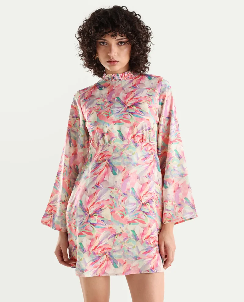 Rareism Women's Satin Bell Sleeves Printed Top