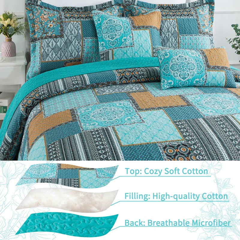 VAPUTAR King Size Quilt Bedding Set - Soft Cotton King Size Bedspreads (98 * 106 in) - Lightweight Patchwork Floral Quilts for Farmhouse Bedroom (Teal/Green Chic, 3 Pieces) - Image 4