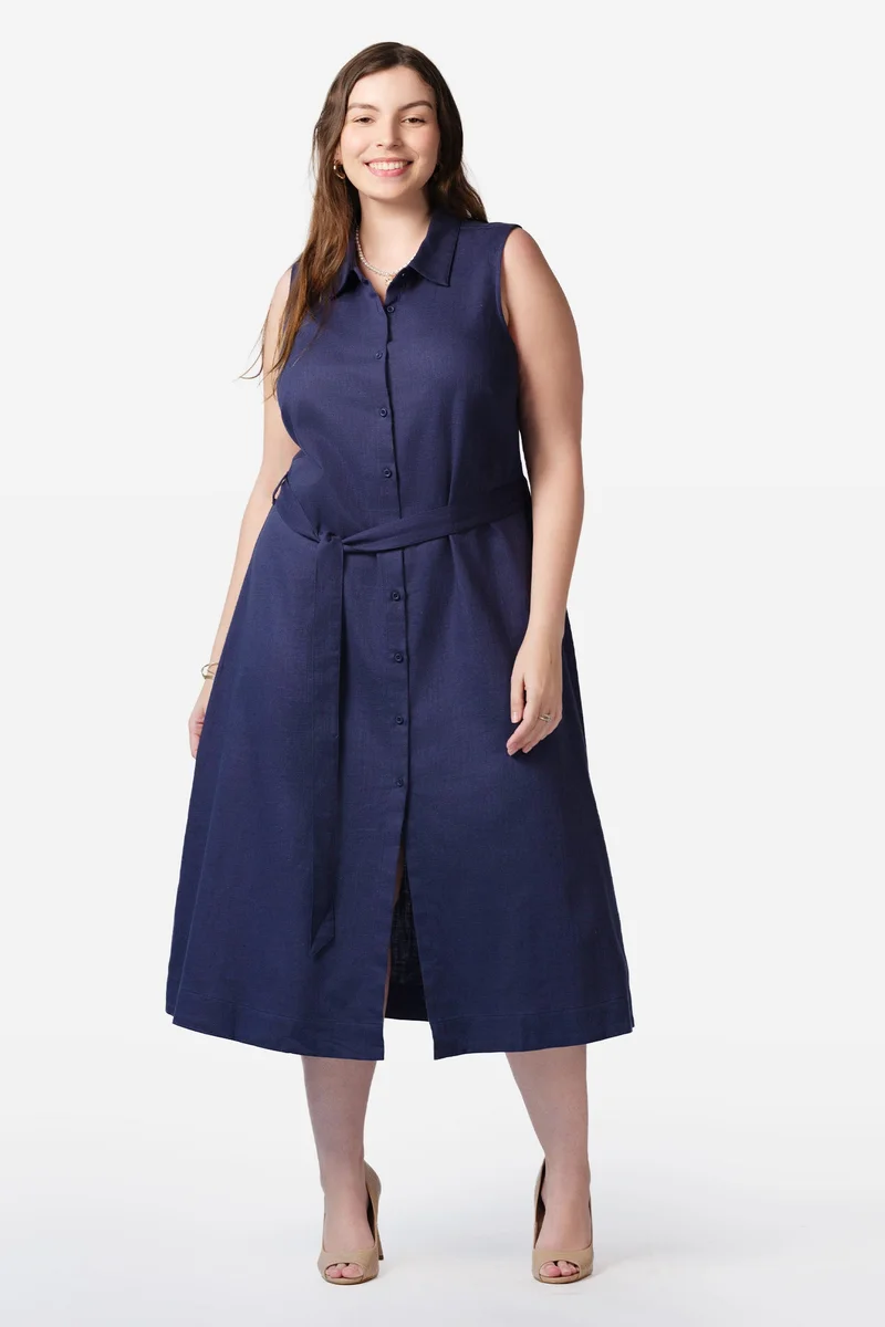 Virgio Solid Cotton Sleeveless Midi Shirt Plus Size Dress for Women