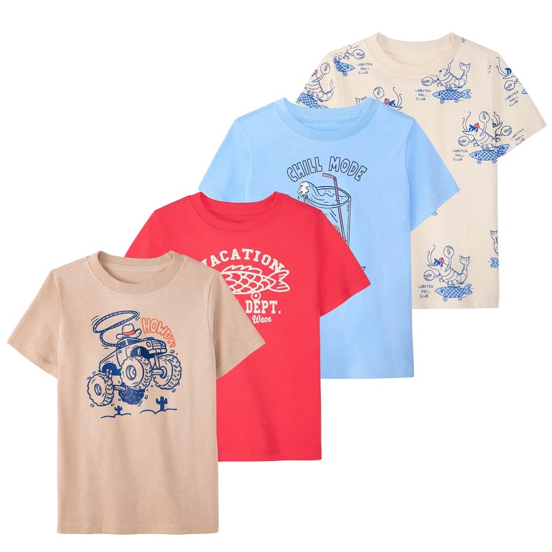 Garanimals Baby & Toddler Boy Beach Tees - Short Sleeve Tees - Kid's Casual Crew Neck - Size 3T - Beige, Blue, Bright Red, Beige - 4 Pack - Image 1