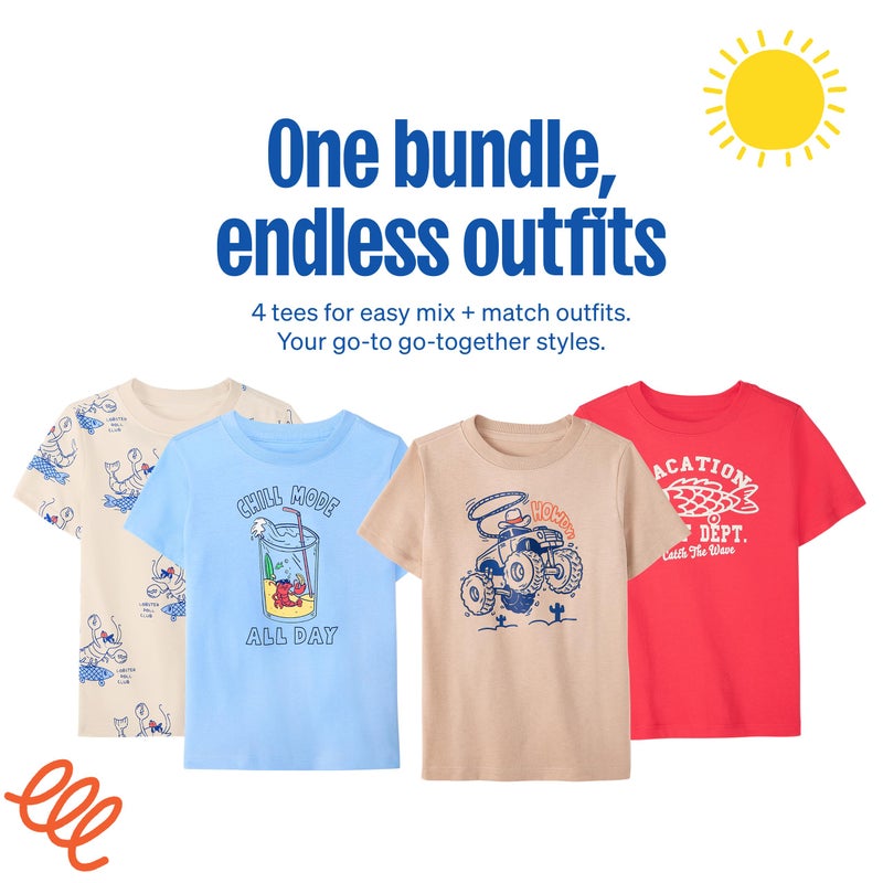 Garanimals Baby & Toddler Boy Beach Tees - Short Sleeve Tees - Kid's Casual Crew Neck - Size 3T - Beige, Blue, Bright Red, Beige - 4 Pack - Image 4