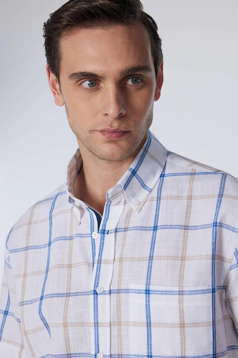 تودورس Classic Fit Short Sleeve Button Collar Single Pocket Checked Summer Linen Effect Men's Shirt