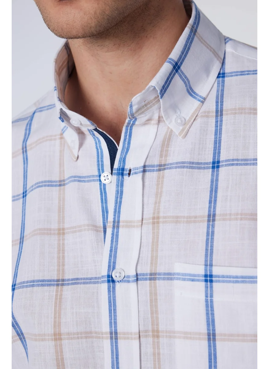 Tudors Classic Fit Short Sleeve Button Collar Single Pocket Checked Summer Linen Effect Men's Shirt