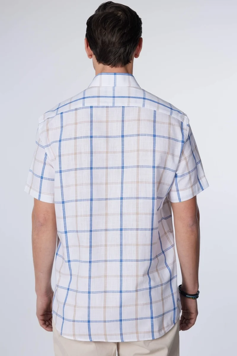 تودورس Classic Fit Short Sleeve Button Collar Single Pocket Checked Summer Linen Effect Men's Shirt