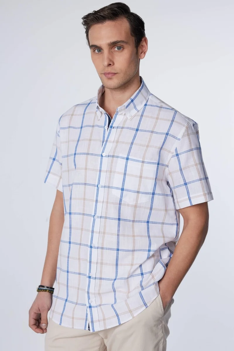تودورس Classic Fit Short Sleeve Button Collar Single Pocket Checked Summer Linen Effect Men's Shirt