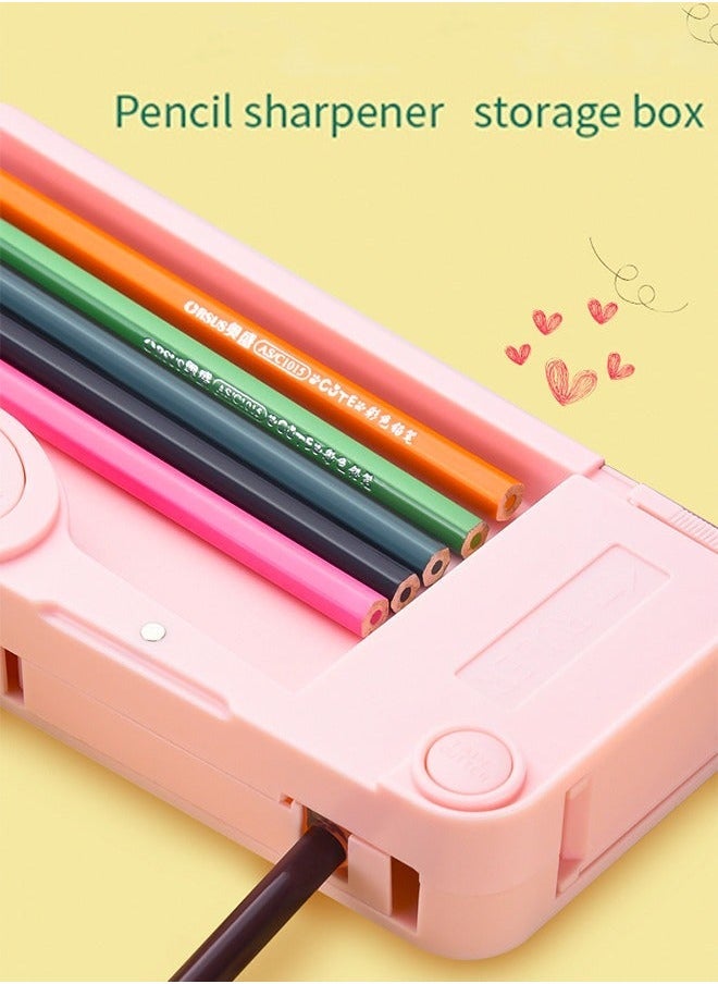 Multifunction Unicorn Pencil Case Magnetic Operating Cover Automatic Button Pencil Box with 2 Compartments for Students Cartoon Pattern Stationery Set with Pop Out Scissors and Pencil Sharpener Pink