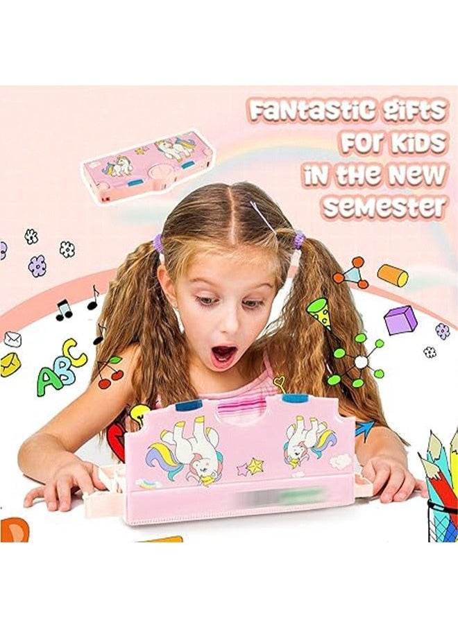 Multifunction Unicorn Pencil Case Magnetic Operating Cover Automatic Button Pencil Box with 2 Compartments for Students Cartoon Pattern Stationery Set with Pop Out Scissors and Pencil Sharpener Pink