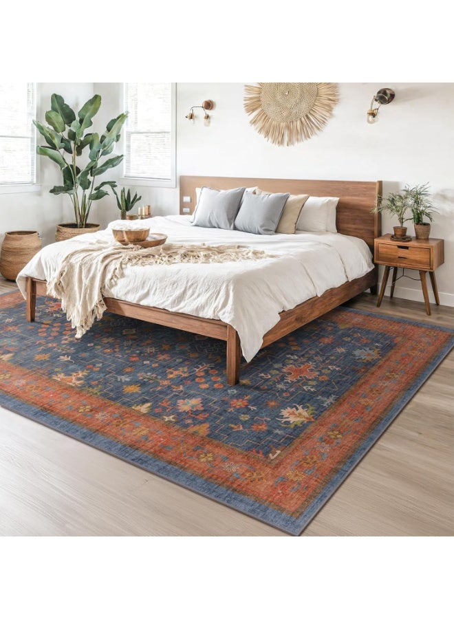 Arabest Washable Navy Blue Living Room Rug, 8x10 Area Rug For Bedroom, Dining Room Rugs for Under Table - Low Pile Non-Slip Rubber Backing Stain Resistant Rug - Aethestic Boho Home Decor (8x10 Navy Blue) - Image 4