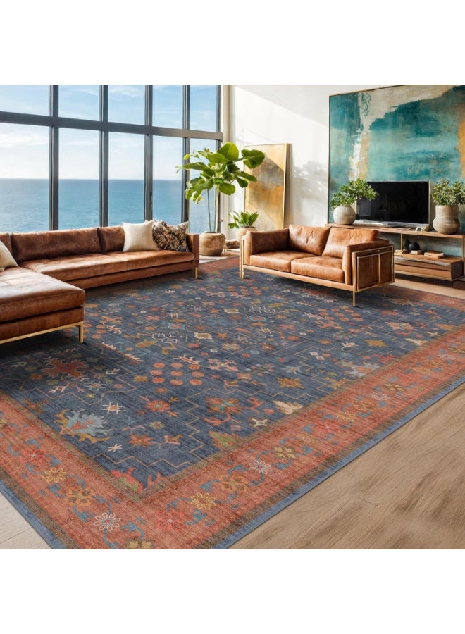 Arabest Washable Navy Blue Living Room Rug, 8x10 Area Rug For Bedroom, Dining Room Rugs for Under Table - Low Pile Non-Slip Rubber Backing Stain Resistant Rug - Aethestic Boho Home Decor (8x10 Navy Blue) - Image 5