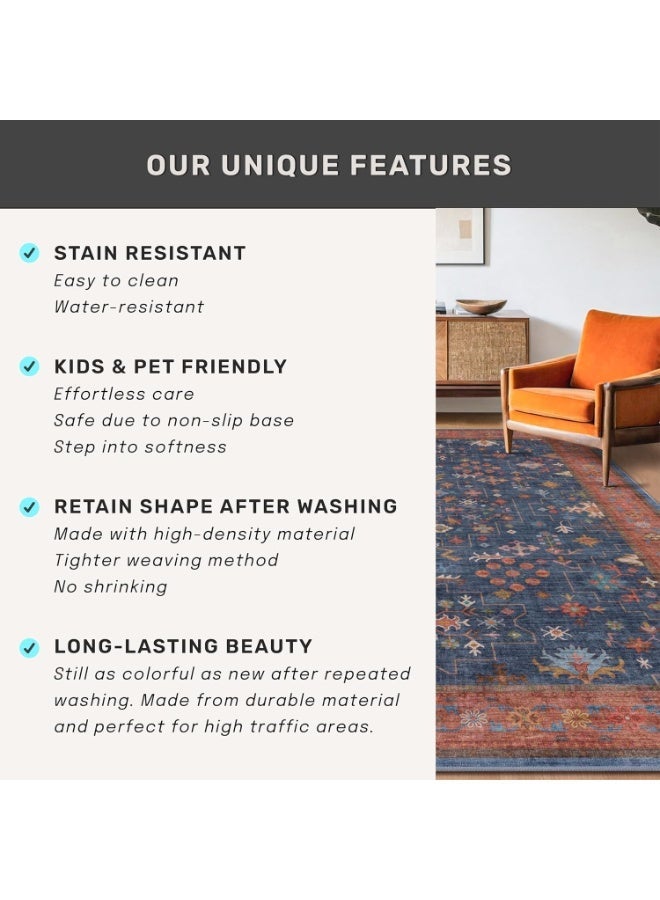 Arabest Washable Navy Blue Living Room Rug, 8x10 Area Rug For Bedroom, Dining Room Rugs for Under Table - Low Pile Non-Slip Rubber Backing Stain Resistant Rug - Aethestic Boho Home Decor (8x10 Navy Blue) - Image 2