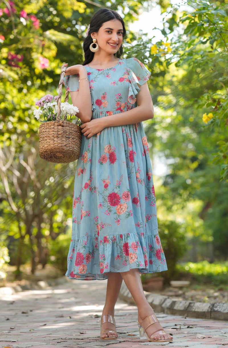 Janasya Women's Light Blue Georgette Floral Printed Tiered Dress (JAA25DR01143-M) - Image 3