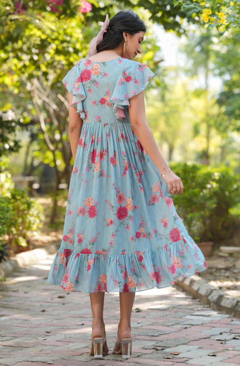 Janasya Women's Light Blue Georgette Floral Printed Tiered Dress (JAA25DR01143-M) - Image 4